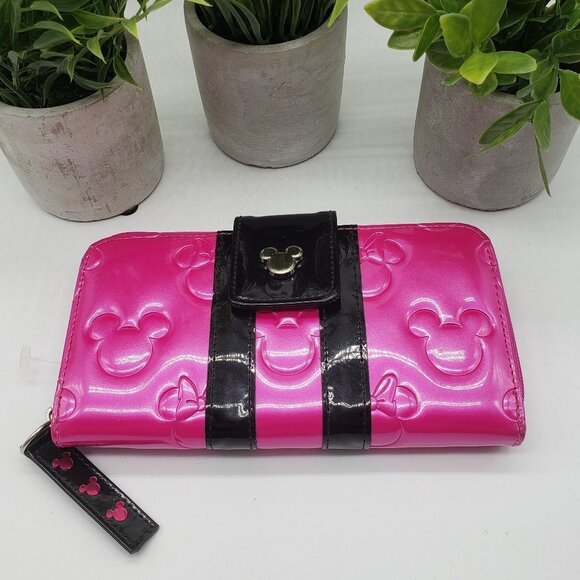 Loungefly Minnie Loves Mickey Embossed Pink Black Patent Leather Wallet - Picture 4 of 10